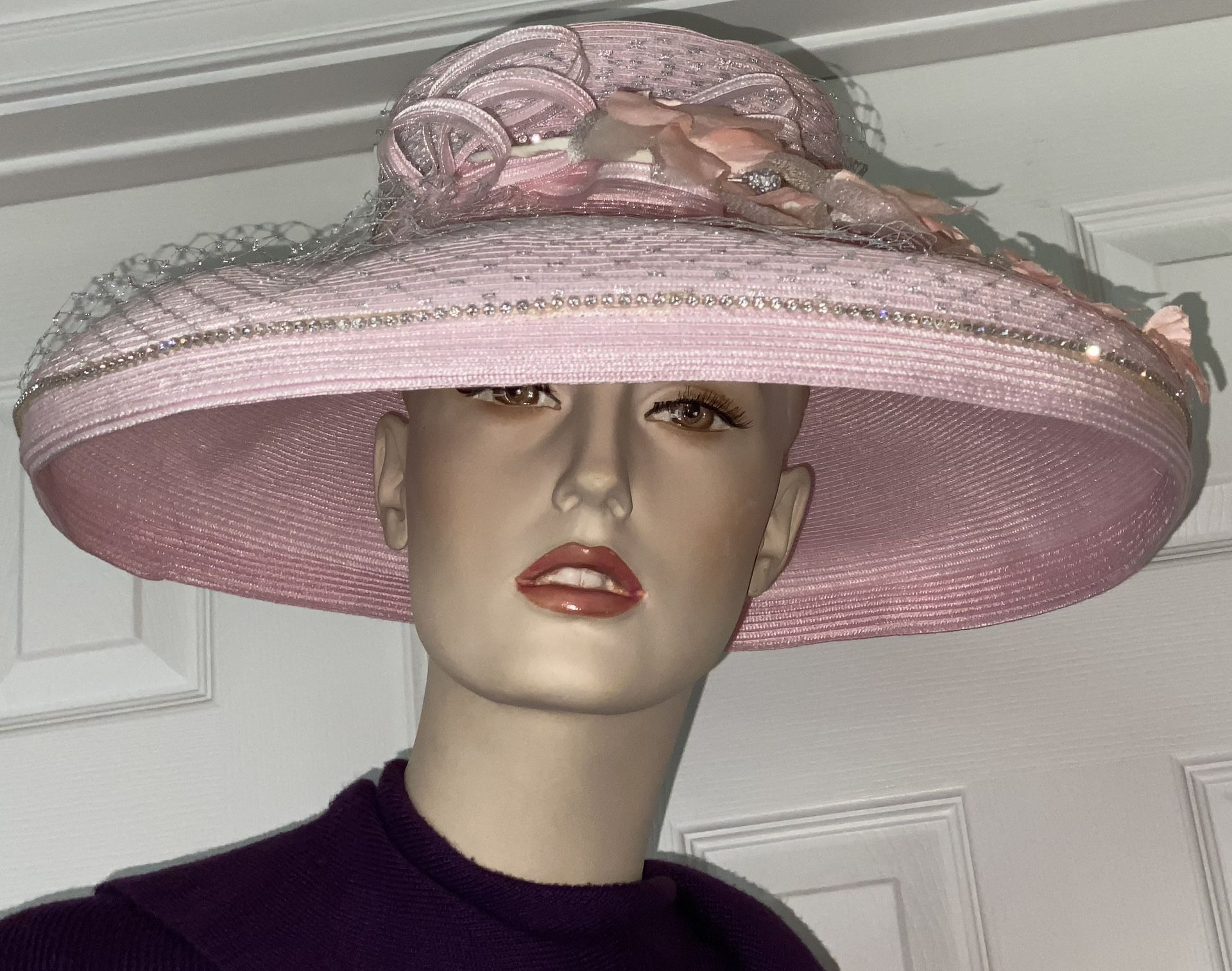 EASTER CHURCH HAT - BELLINI ORIGINAL WIDE BRIM HAT – PINK WITH SILVER NETTING, RHINESTONES AND FLORAL FLOWERS – BEAUTIFUL FOR EASTER SUNDAY