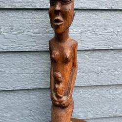African Carved Wood Mother and Child Statue 21"