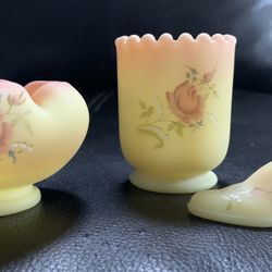 Vintage Fenton Trio Set of Mini Boot, Vase, Toothpick Holder  Color: Burmese  Signed and previously owned by Mary Walrath  Great conditions with no ch