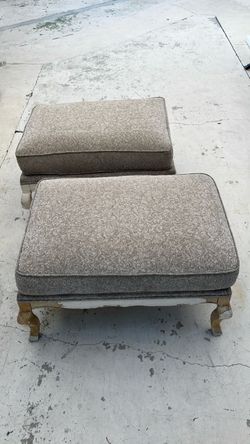 Vintage Upholstered Ottoman with Carved Legs