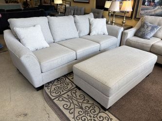 Light Grey Fabric Flare Arm Sofa w/ Rectangular Ottoman