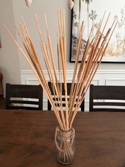 New Dried Cattail Stems in Glass Rope Vase