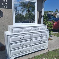 Satin White 10 Drawer Solid Wood Dresser W/ Wall Mirror 