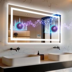 39”x24” Wall Mounted Lighted Restroom Mirror with Bluetooth Speaker and Digital Display - Dimmable Front Light Backlit Vanity Mirror Anti Fog with Mem