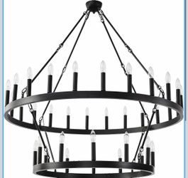 JKLX 48 Inch Large Black Wagon Wheel Chandelier, 2 Tier 36-Lights Farmhouse Industrial Country Style Round Pendant Light Fixture for Outdoor Porch hig