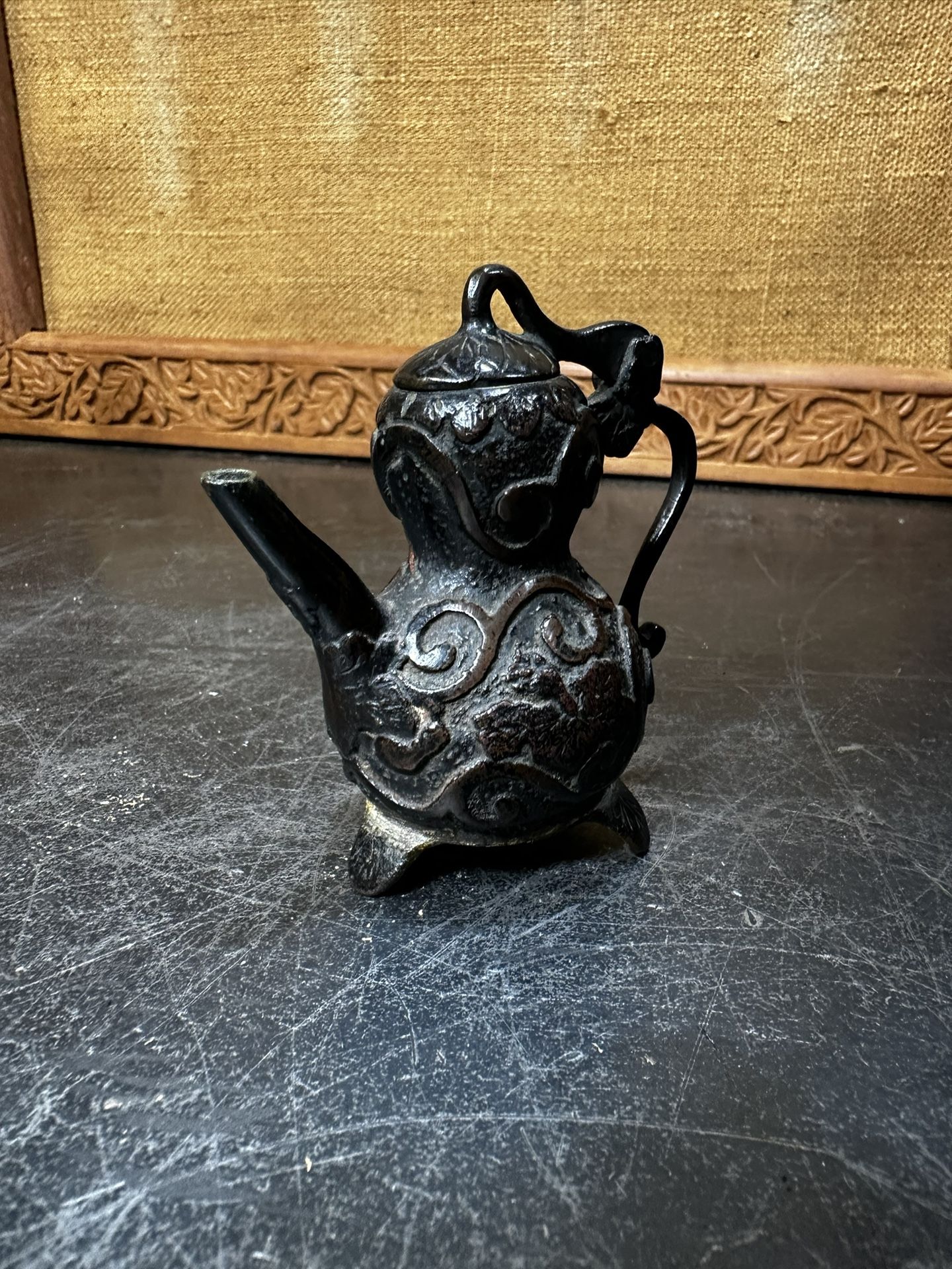 Chinese Republic miniature Teapot bronze water dropper Scholar Gourd Garlic Head