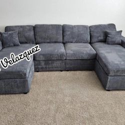 ✅️✅️4 pc fog grey corduroy fabric sectional sofa with double chaise✅️✅️✅️