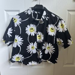 Smiley Flower Cropped Button Up