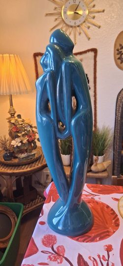 Haeger Rendezvous Lovers Pottery Statue 20" Tall Art Deco Turquoise Color