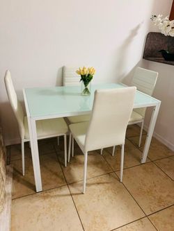 White Glass Dining Table with 4 Chairs