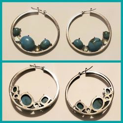 Earrings Silver hoops with turquoise stones.