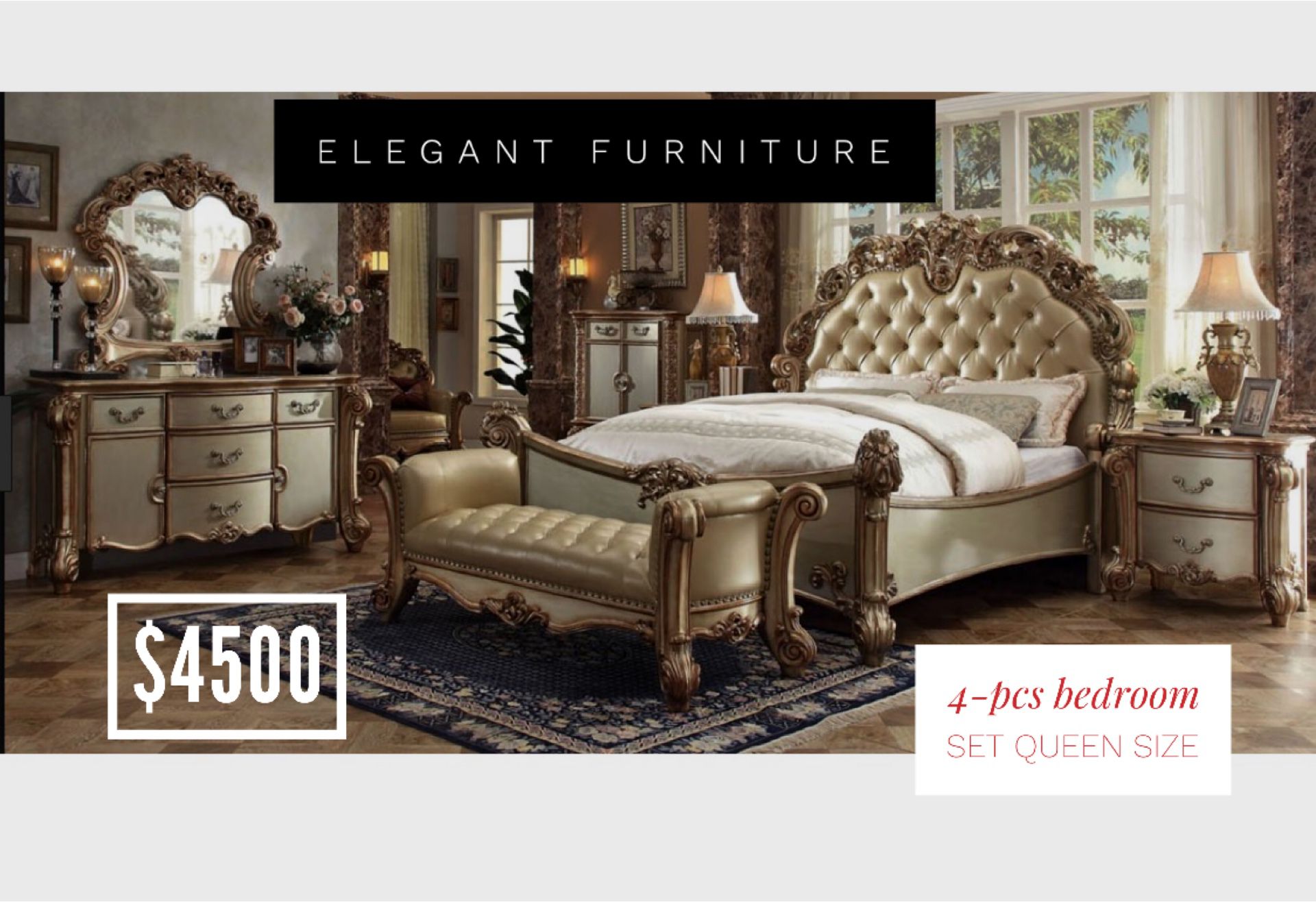 Queen Size Bedroom Set 4pc- Recamara Queen Size de 4pc @Elegant Furniture