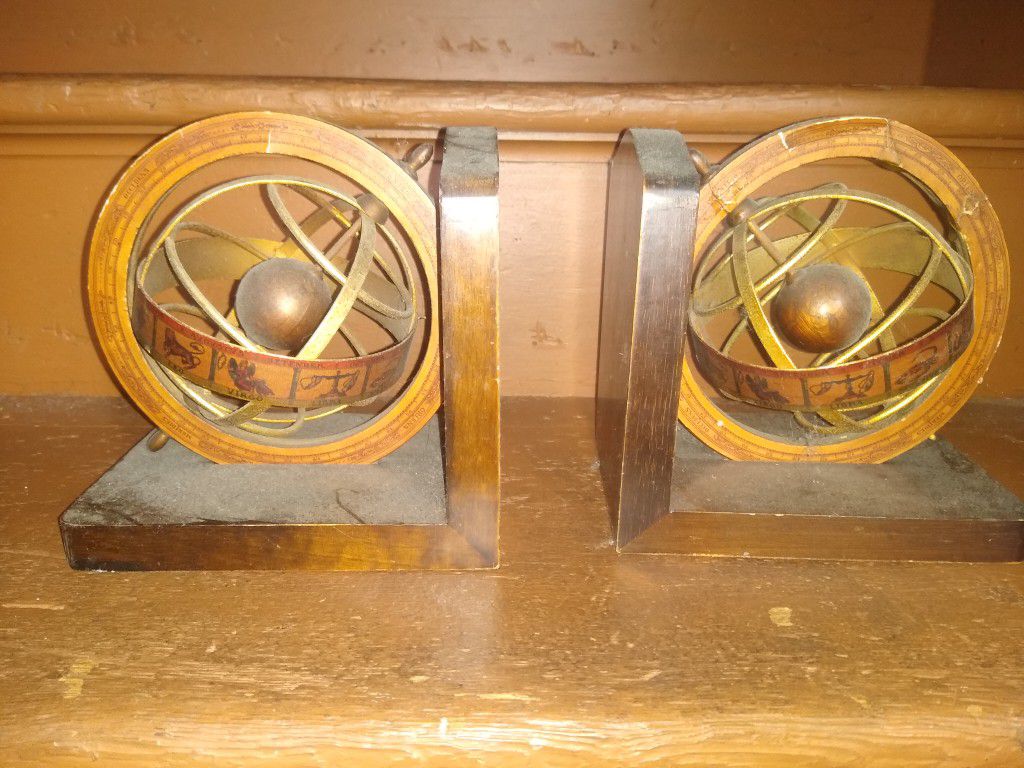 Pair Of Vintage Globe Bookends With Zodiac Details