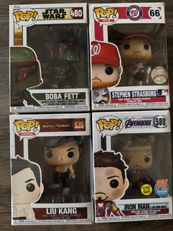 Funko Pop (Boba Fett, Stephen Strasburg, Liu Kang, Iron Man)