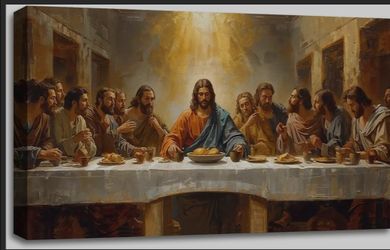 Jesus The Last Supper Framed Canvas Wall Art, Dining Room, 24x16 in