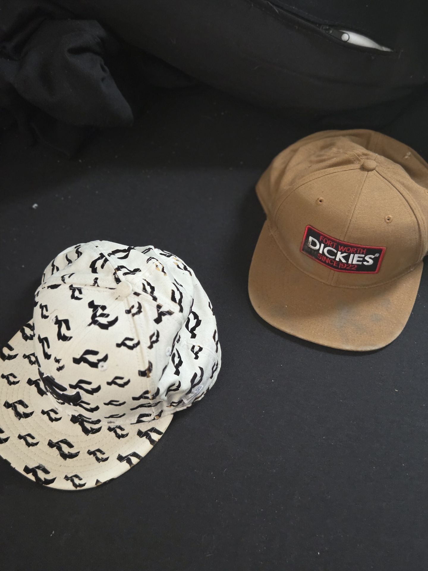 2 hats dickies flat bill and white cap