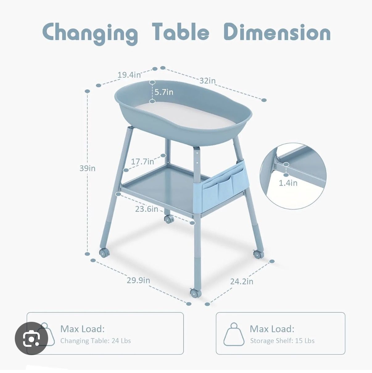 Baby Changing Table with Wheels, Storage Shelf & Side Organizer – Blue, New,