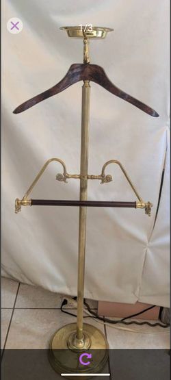 Heavy Solid Brass and Wood Vintage MCM Gentlemen's Butler Coat Rack Clothing Valet