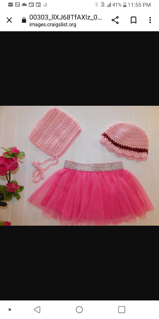 NEW Handmade Crochet Baby Girls Pink Bonnet Cap Set & Tutu Skirt 0-3M


