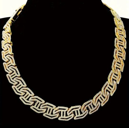 2 Pcs Fully Iced 14K Gold Plated Wide H Shape Cubic Zirconia 20 Inches Cuban Chain Necklace And Bracelet Set