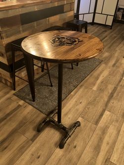 Woodburned Chicago Bears pub bar table with black steel industrial