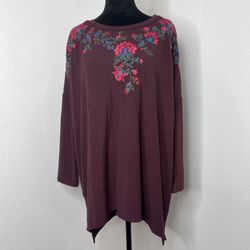 Umgee Shirt Womens Size S Tunic Embroidered Dolman Sleeve Floral Burgundy