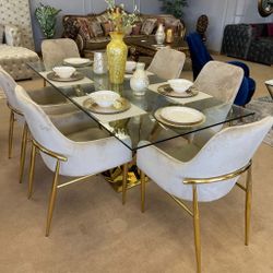 Clear Glass Top & Mirrored Gold Dining Room Set / 7pc