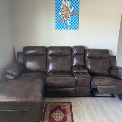 Brown Faux Leather Sectional With Reclining Chair