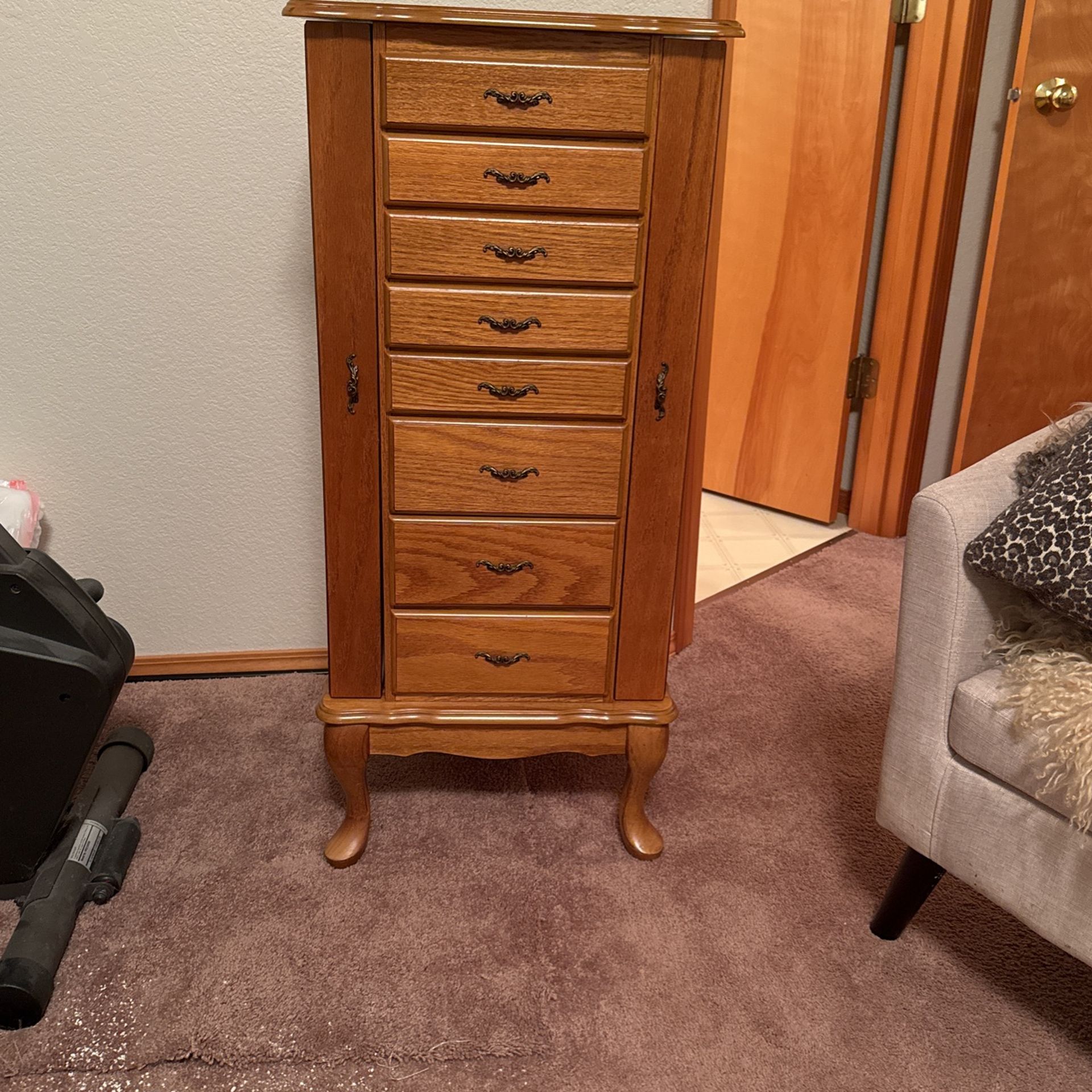 Oak Finish Mid Century Jewelry Armoire