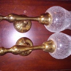 Vintage French Solid brass hurricane sconces crackle glass