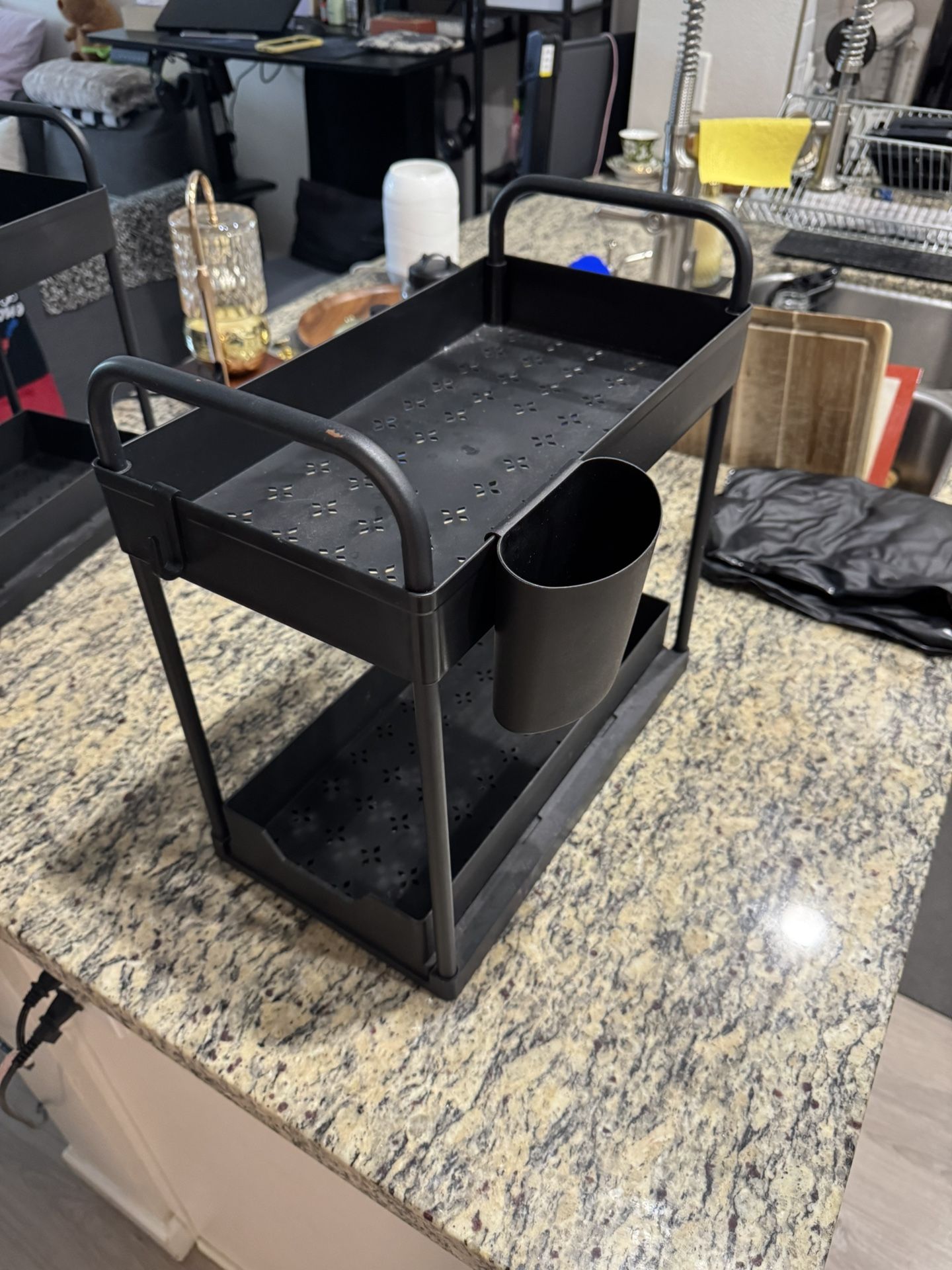 2-Tier Organizer Rack w/ Slide-Out Tray & Cup – 15.5” Wide under sink storage
