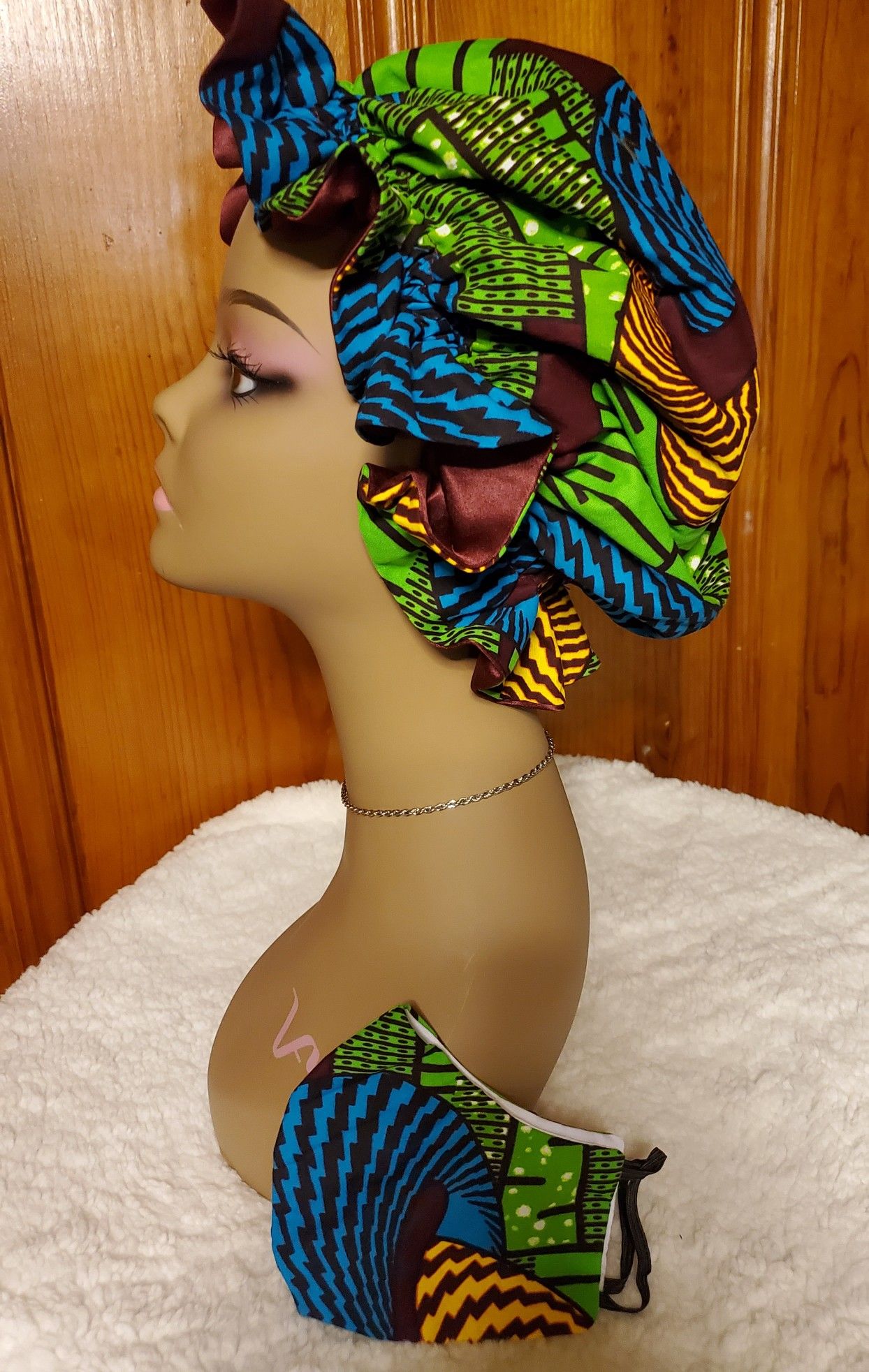 African print hair bonnet with satin lined and face masks set