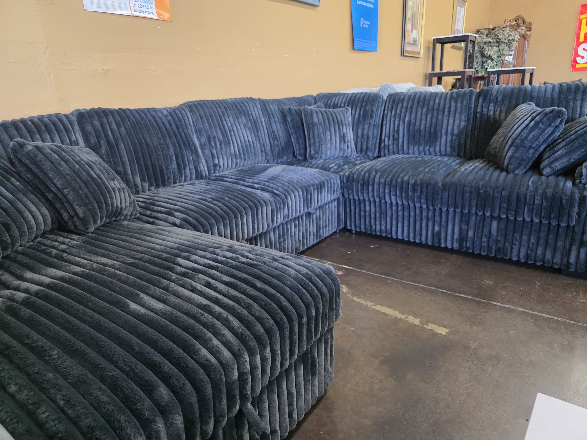 Midnight blue Gray Corduroy U-Shape Sectional Storage Chaise Pull Out Bed Ottoman 