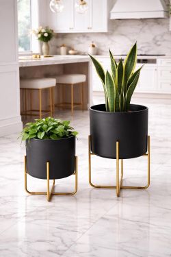 Black Modern Mid-Century Planter Set with Gold Stands – Set of 2