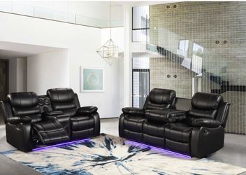 Black Leather Reclining Sofa and Loveseat Set- shop now pay later