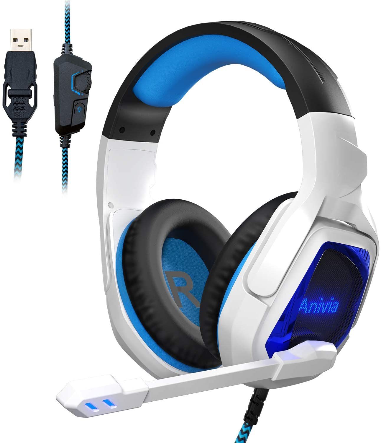 USB Gaming Headset Virtual 7.1 Surround Sound Headphones with Microphone, Soft Earmuffs Surround Sound for PC Computers, Mac, Laptop, Desktop, (Blue W