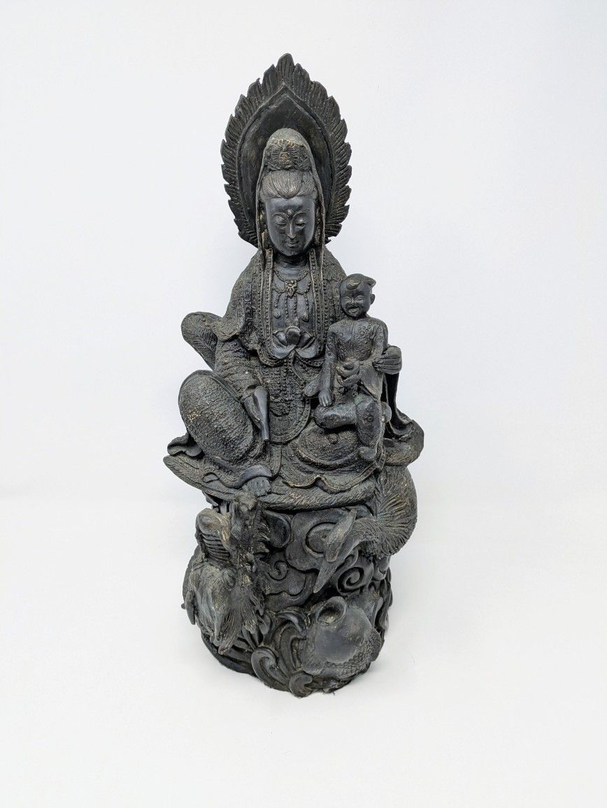 Chinese Bronze Statue: Guanyin Holding Child on Dragon & Peacock