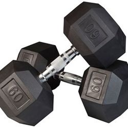 PAIR OF RUBBER 60 POUND DUMBBELLS 