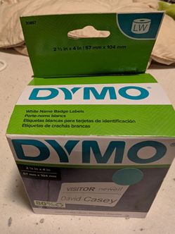 New box of DYMO 30857 White Name Badge Labels (2-1/4" x 4", 250 Labels/Roll)