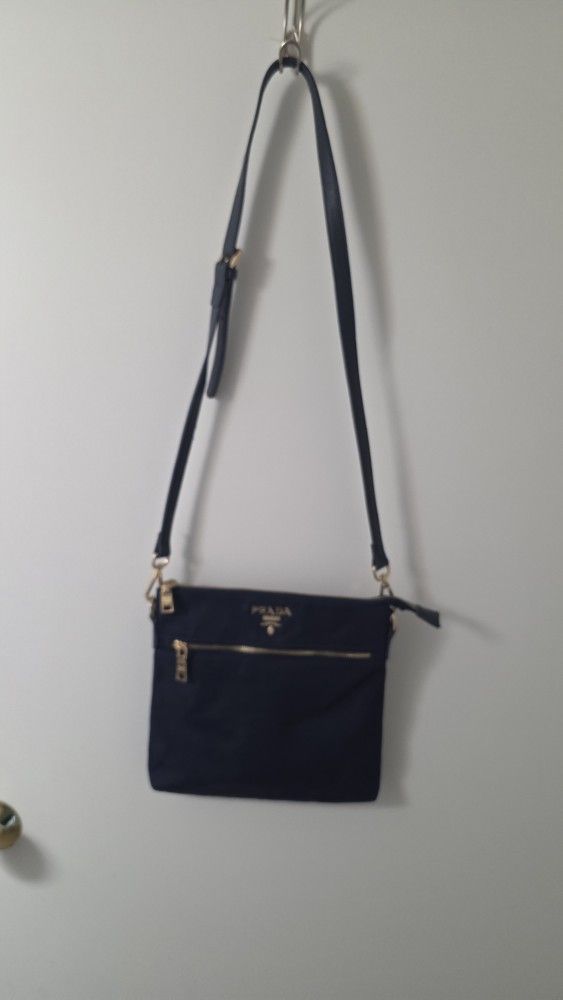 Prada Nylon Crossbody Bag w/ Leather Strap in Navy Blue