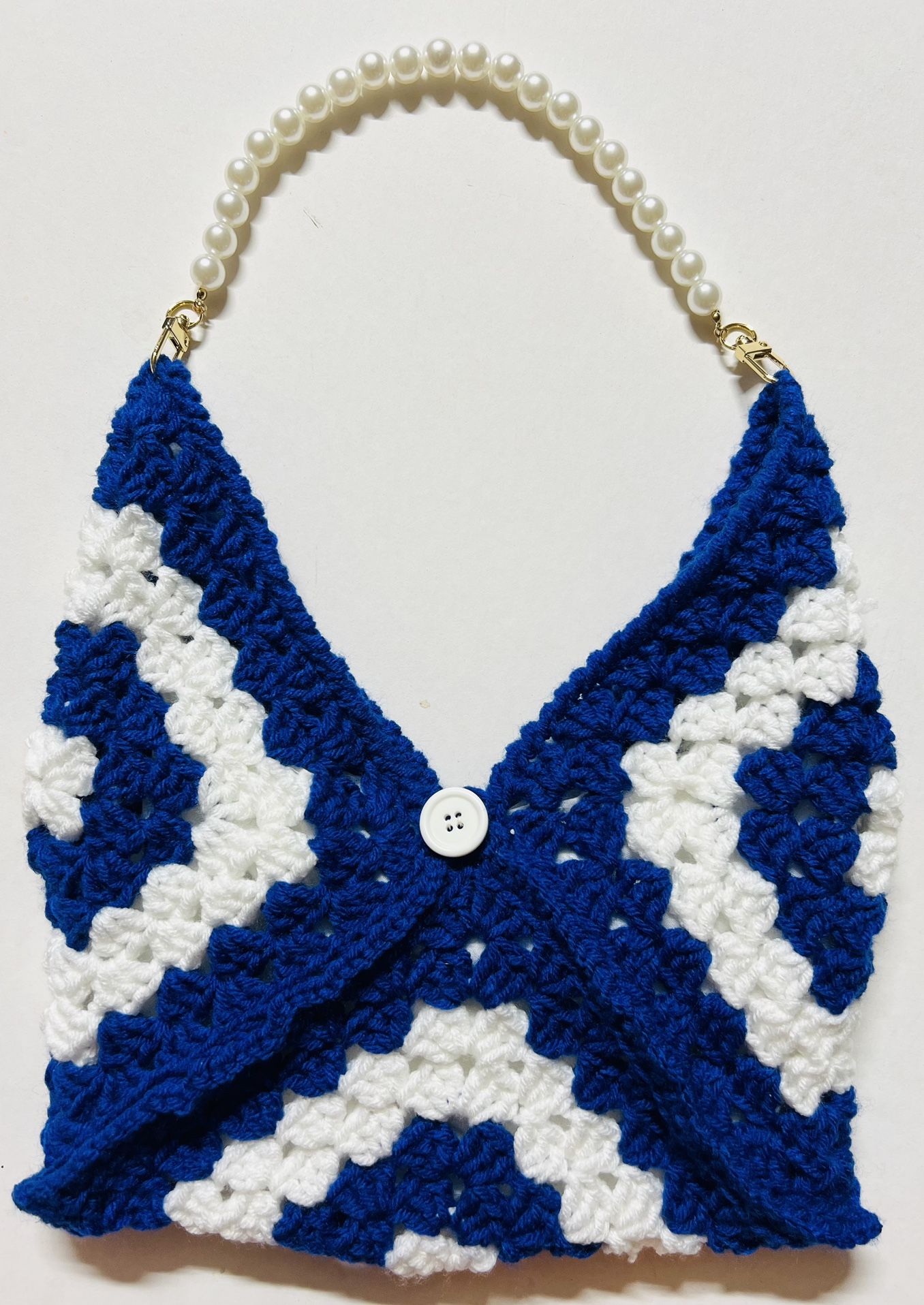 Blue white granny Crochet Bag Phone Case Cover Handmade Purse Tote Pearl/bead