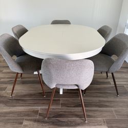 White Oval To Round Dining Table Set + 6 Chairs