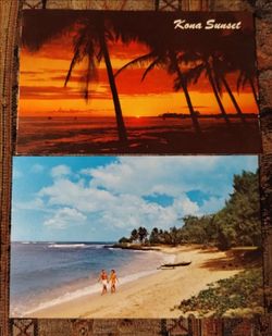 Vintage Nani Li'i Hawaiian color postcard pair, Kona Sunset and Poipu Beach