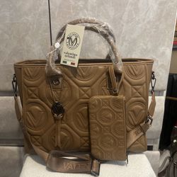 Valentino Orlandi Large Quilted Tote  Purse Taupe Crossbody Strap And Handle