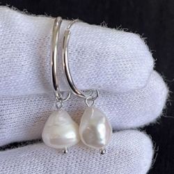 Solid 925 Sterling Silver Hoop Earrings With Natural Pearls 