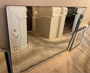 Large Vintage Venetian Wall Mirror, Distinctive Scalloped Edges & Delicate Etched Floral Patterns, Hollywood Regency