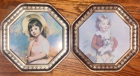 Vintage Retro Boho Mid Century Octagon Metal George Romney Wall Plaques Master Simpson & Miss Willoughby Lithograph Tin Metal Wall Hangings