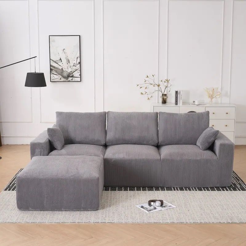 113" Corduroy Modular Sectional Sofa with Extra-Wide Seat Cushion and Ottoman,Gray