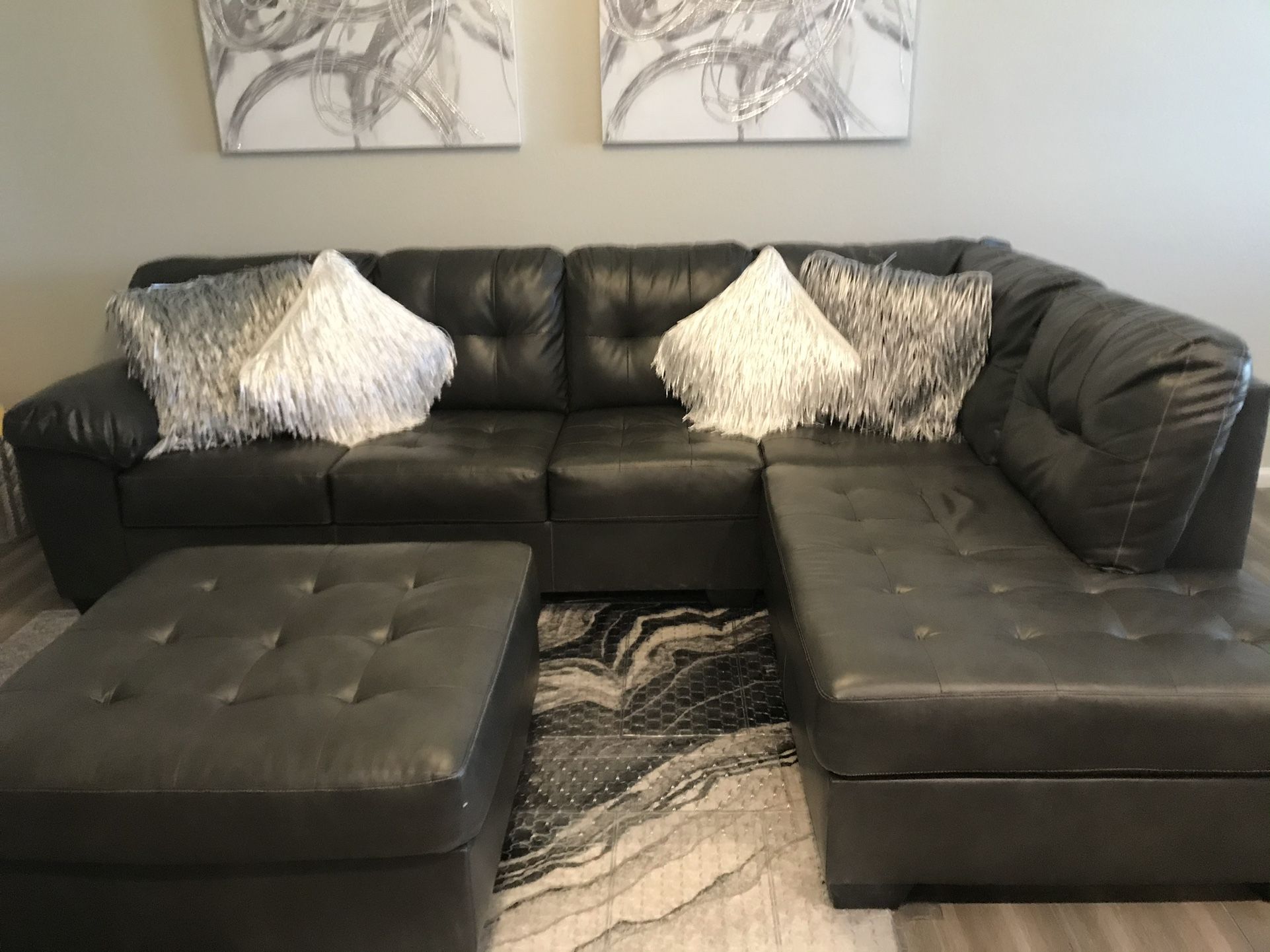 Grey Bonded Leather Sectional With Ottoman