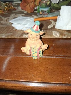Ceramic Pig Figurine with Party Hat and Gift